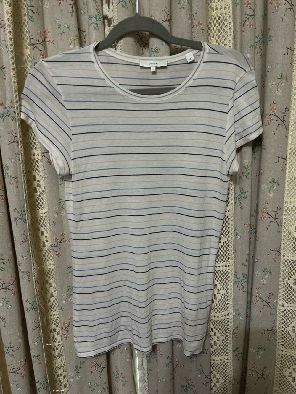Vince Striped Pima Cotton Modal Tee Ivory‎ Blue Short Sleeve Top Small